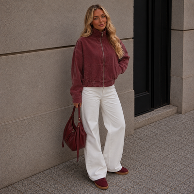 Faux Suede Bomber Jacket – High Neck Zip Up