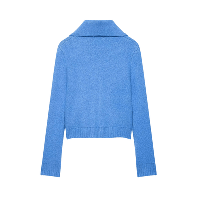 Zip-Up Collared Knit Sweater – Blue Knit Cardigan Jacket