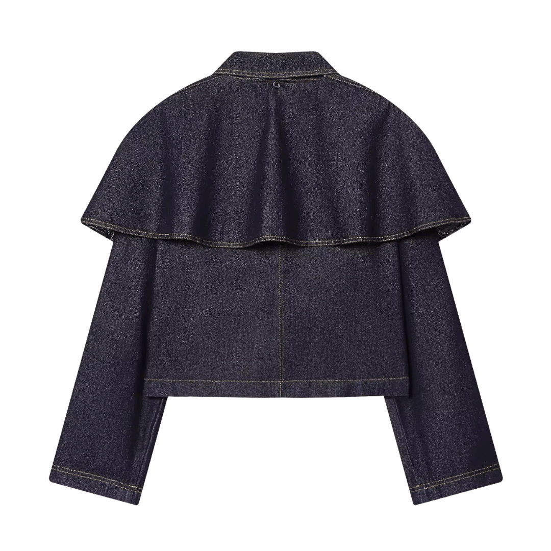 Dark Wash Denim Cape Jacket – Cropped Western Outerwear