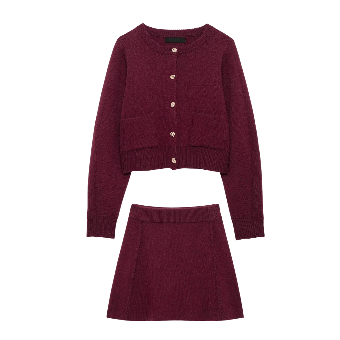 Two Piece Knit Skirt Set – Cropped Cardigan Mini Skirt Co-Ord