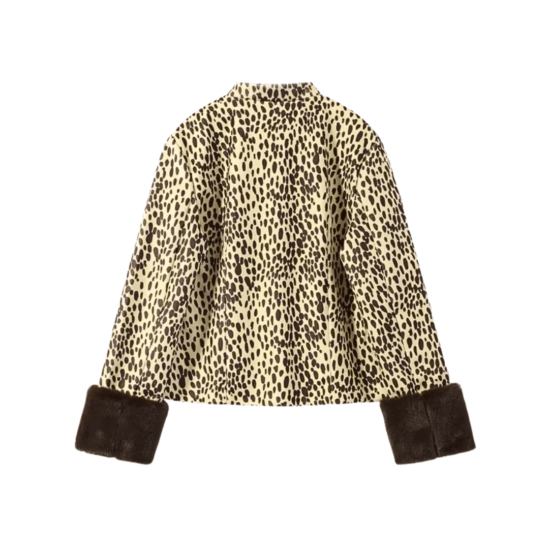 Deer Print Faux Fur Trimmed Jacket