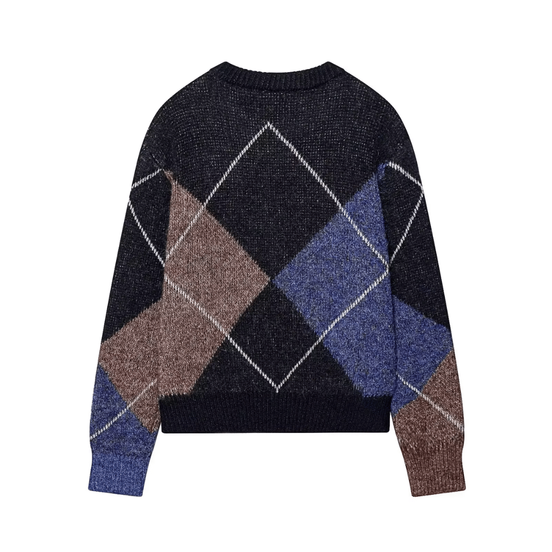 Fuzzy Argyle Sweater – Vintage Diamond Knit Pullover
