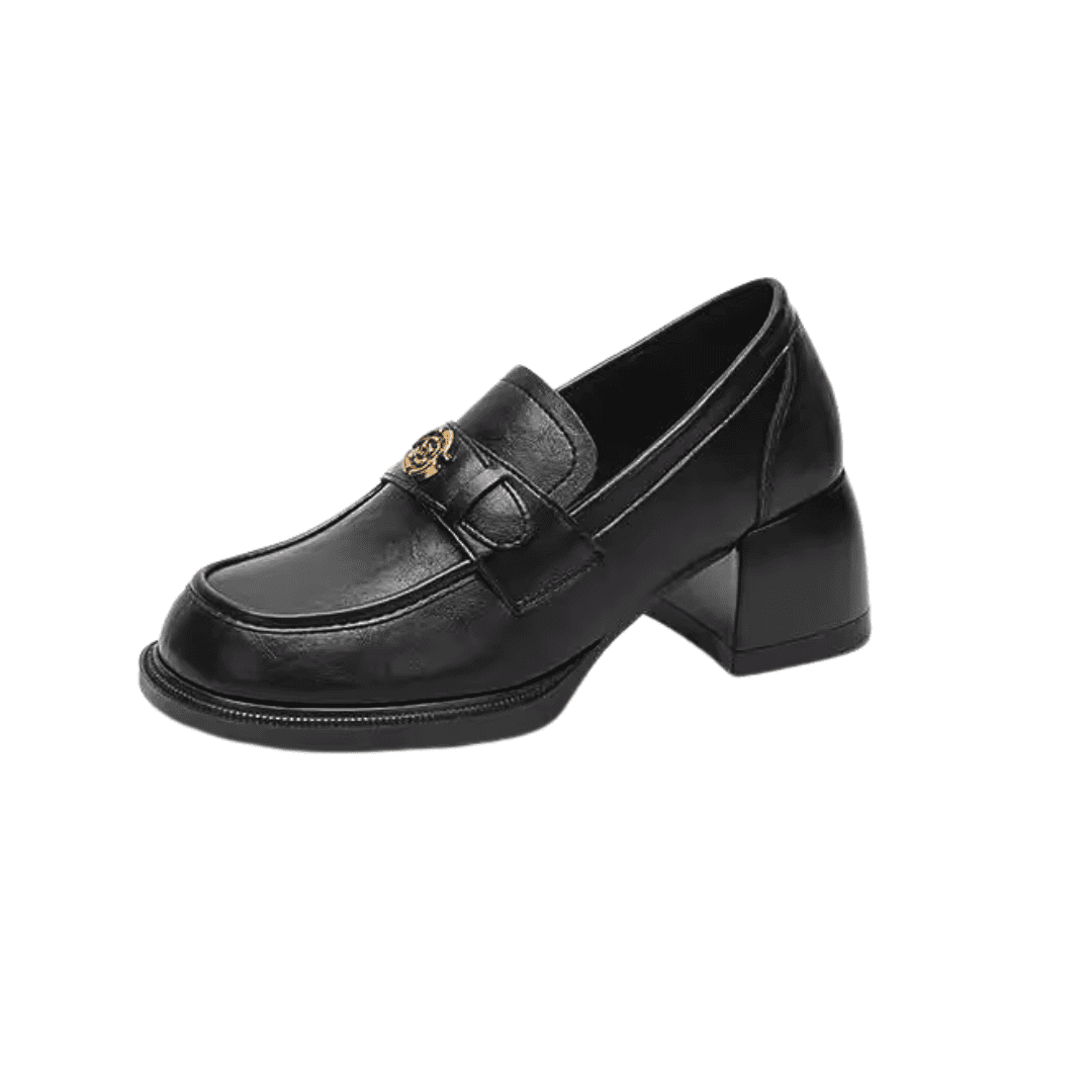 Chunky Heel Black Penny Loafers