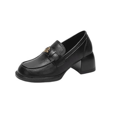 Chunky Heel Black Penny Loafers