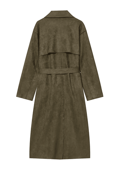 Faux Suede Belted Coat in Olive