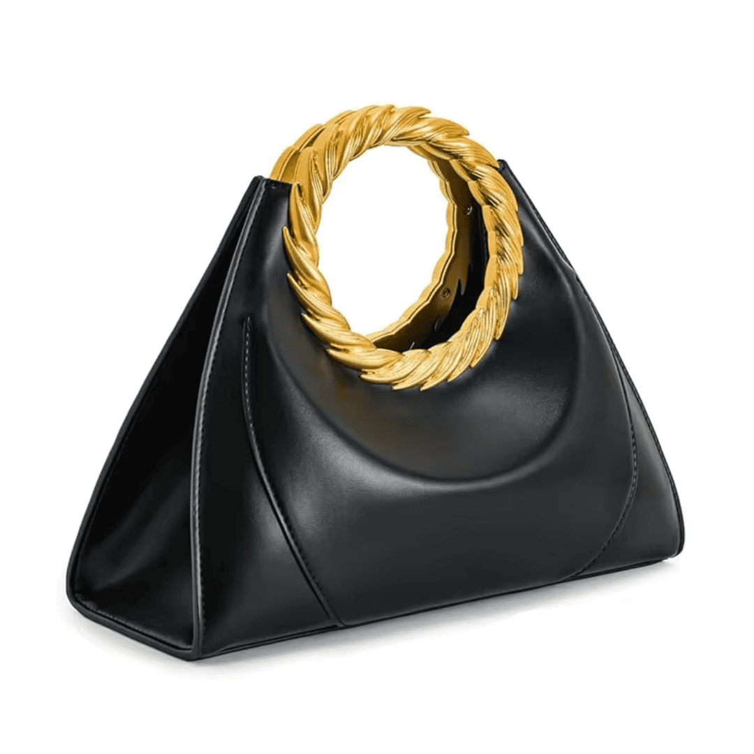Elegant Gold Handle Handbag Black Leather