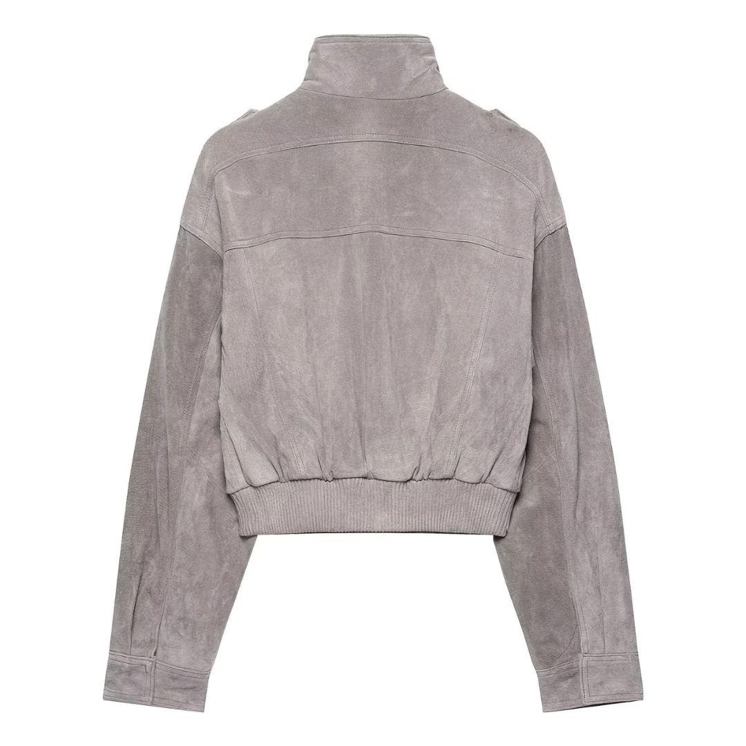 Faux Suede Utility Bomber Jacket – Grey Crop Cargo Coat