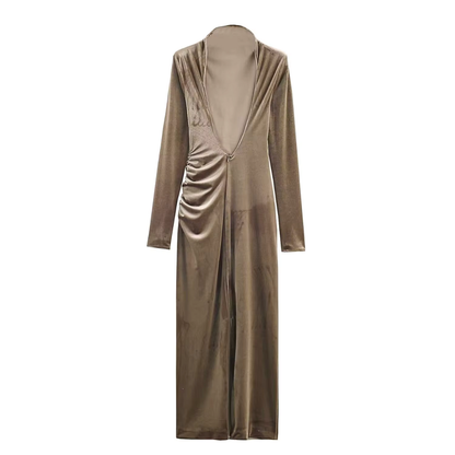 Silver Velvet Ruched Gown