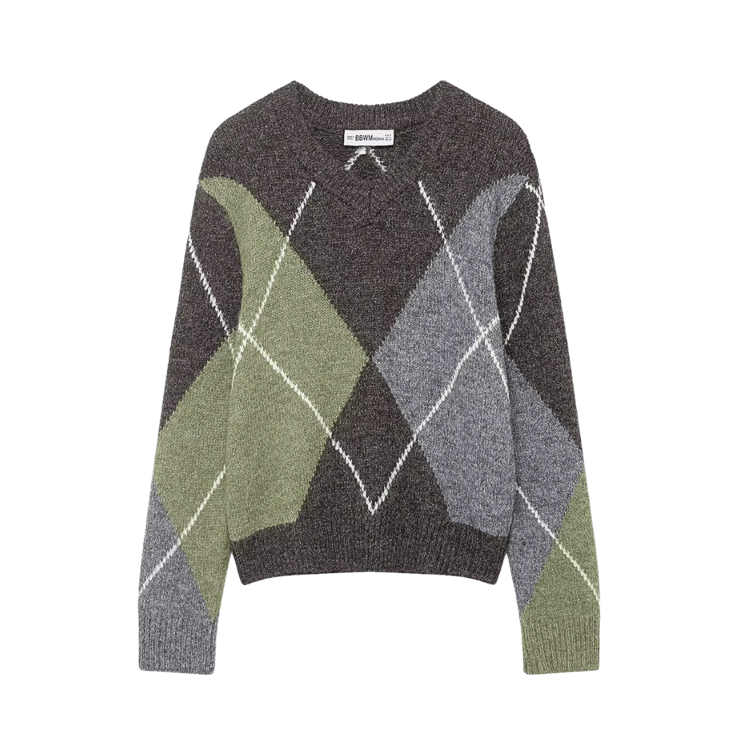 Fuzzy Argyle Sweater – Vintage Diamond Knit Pullover
