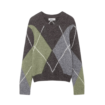 Fuzzy Argyle Sweater – Vintage Diamond Knit Pullover
