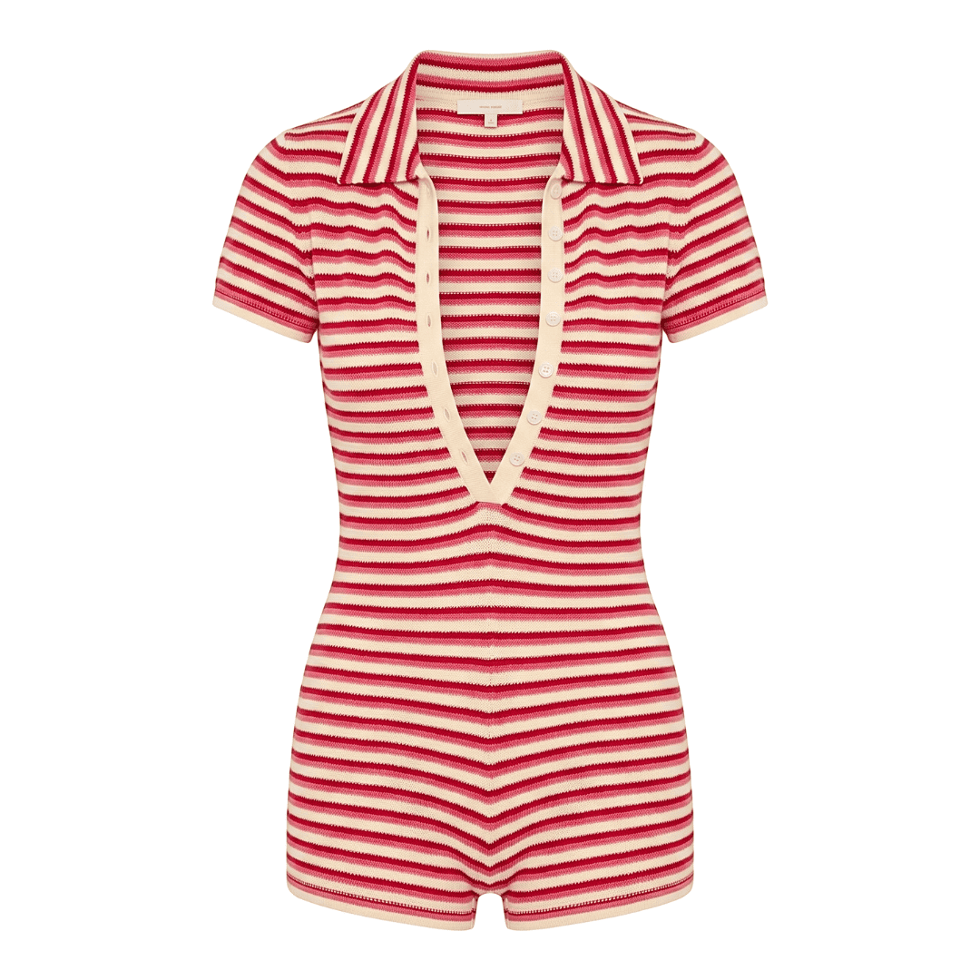 Striped Knit Polo Romper