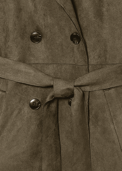 Faux Suede Belted Coat in Olive