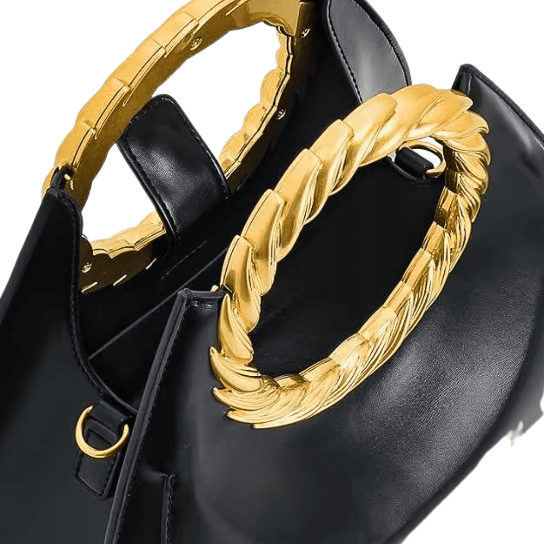 Elegant Gold Handle Handbag Black Leather