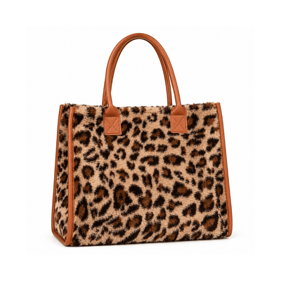 Plush Animal Tote – Cow Print Leopard Faux Fur Shopper