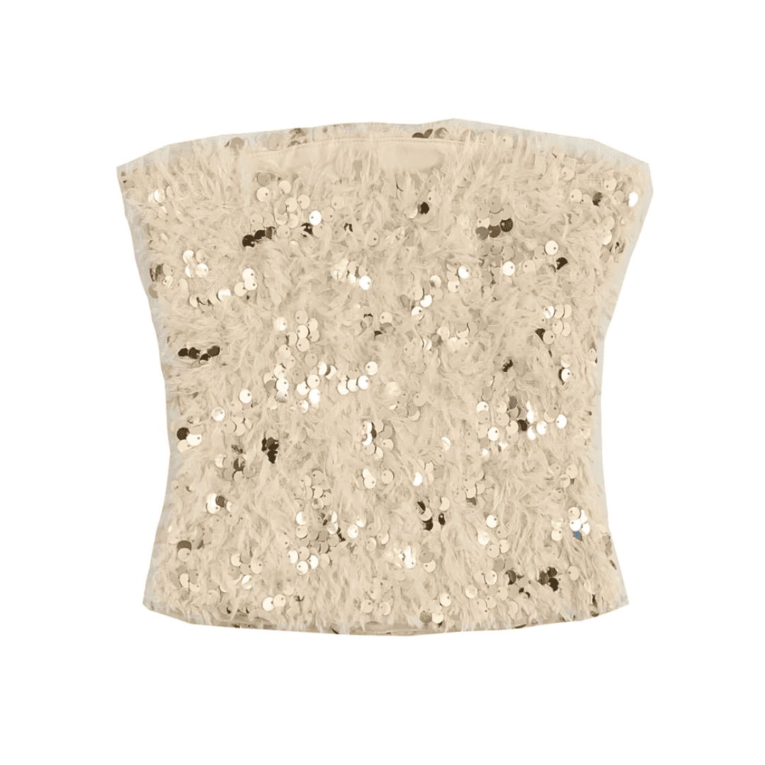 Feathered Sequin Strapless Bandeau