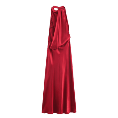 Red Satin Drape Maxi Dress