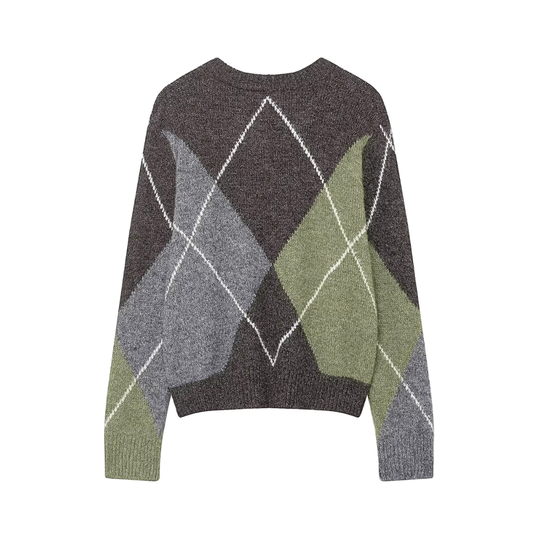 Fuzzy Argyle Sweater – Vintage Diamond Knit Pullover