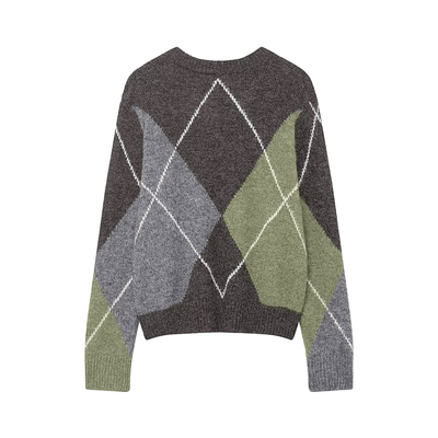 Fuzzy Argyle Sweater – Vintage Diamond Knit Pullover