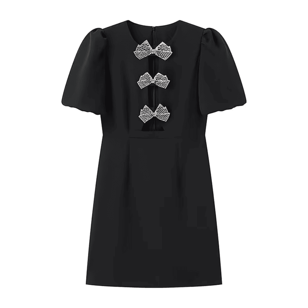 Crystal Appliqué Puff Sleeve Dress