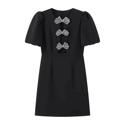 Crystal Appliqué Puff Sleeve Dress