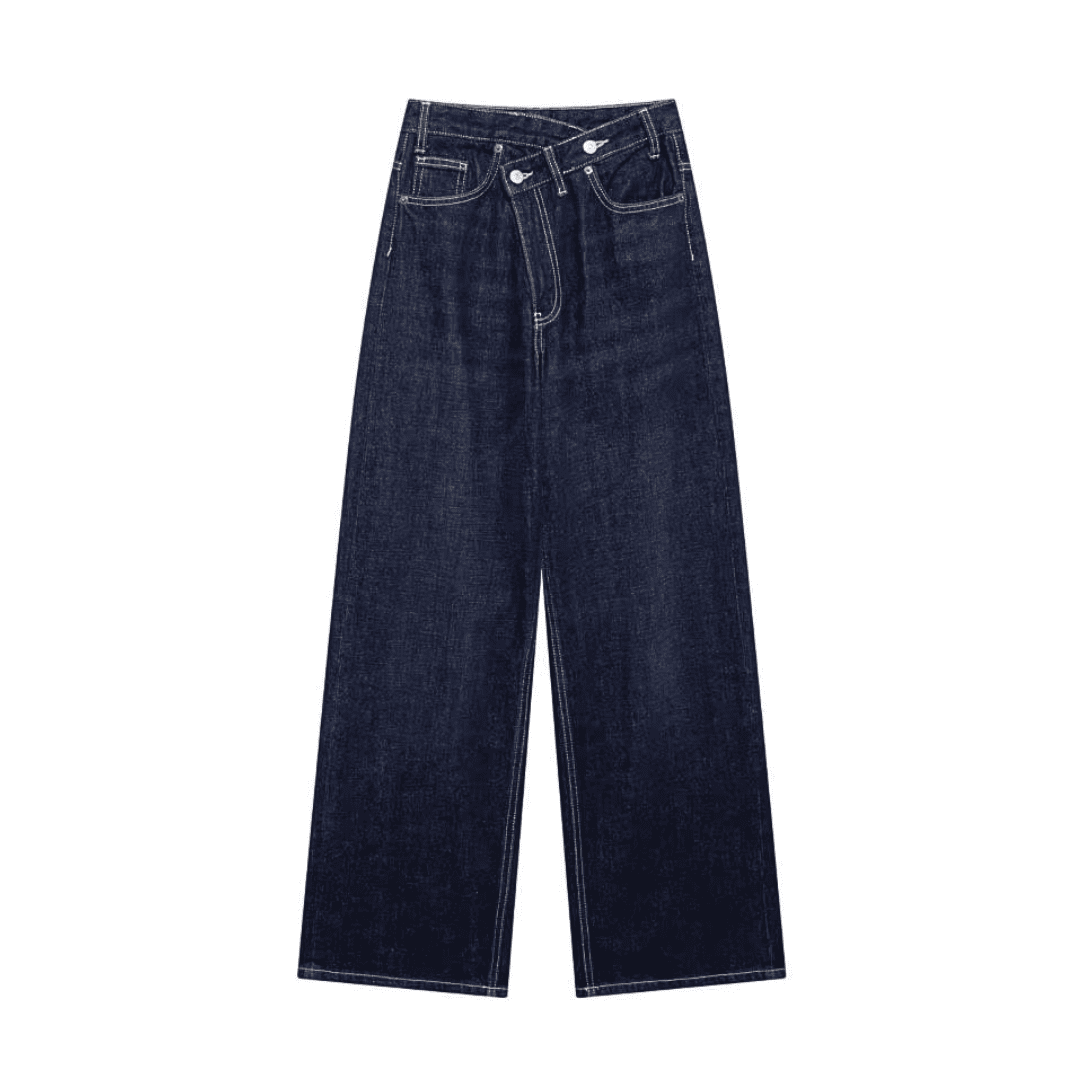 Asymmetrische Jeans mit gekreuztem Bund und weitem Bein