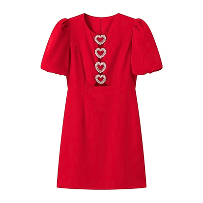 Crystal Appliqué Puff Sleeve Dress