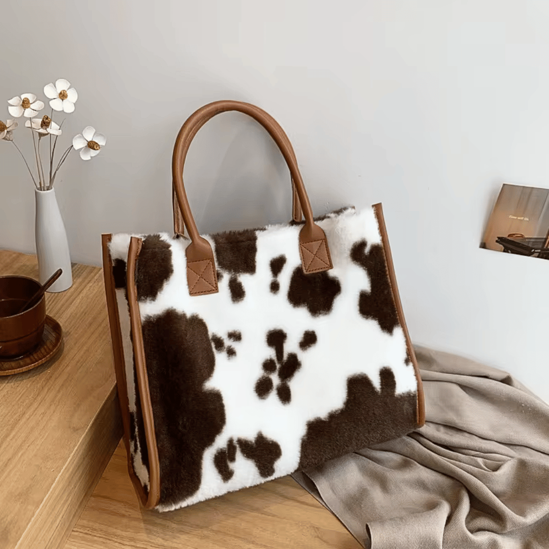 Plush Animal Tote – Cow Print Leopard Faux Fur Shopper