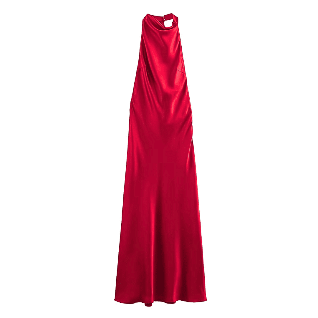 Red Satin Drape Maxi Dress
