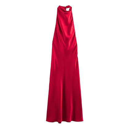 Red Satin Drape Maxi Dress