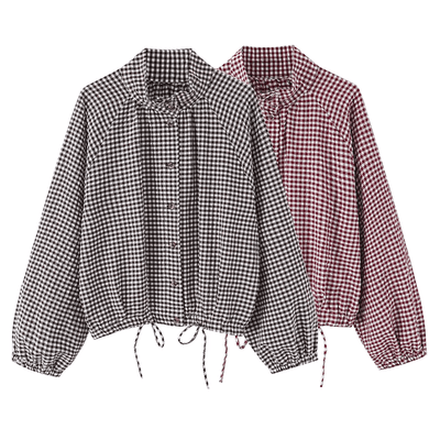Gingham Drawstring Hem Button-Up Jacket