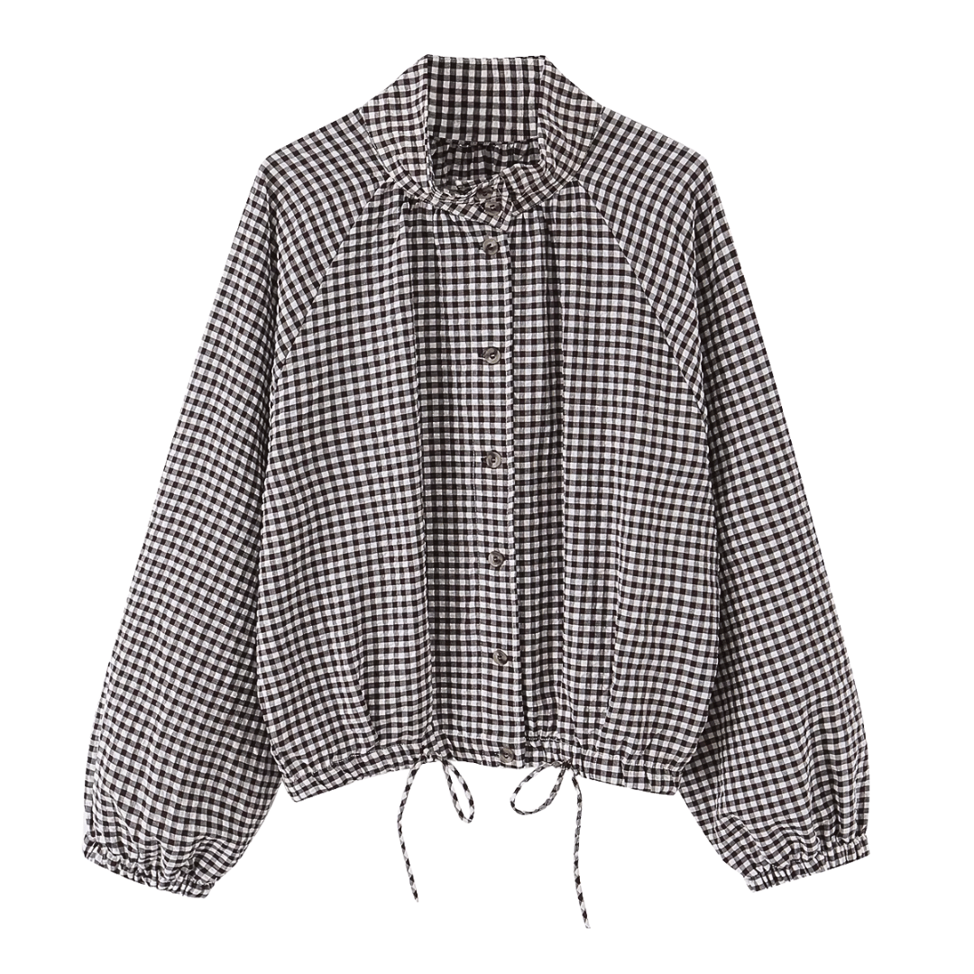Gingham Drawstring Hem Button-Up Jacket