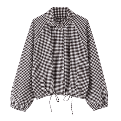 Gingham Drawstring Hem Button-Up Jacket
