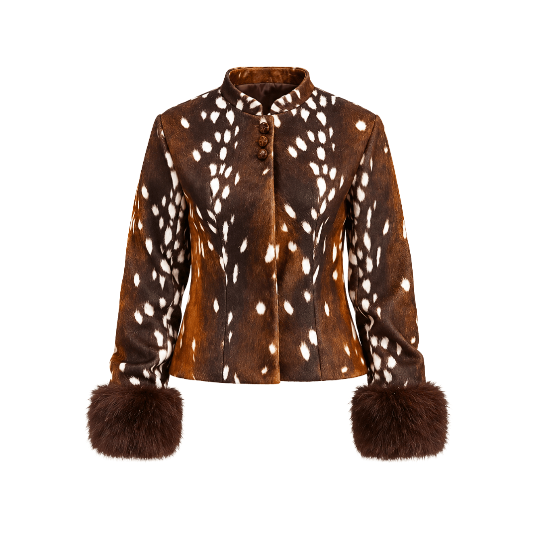 Deer Print Faux Fur Trimmed Jacket