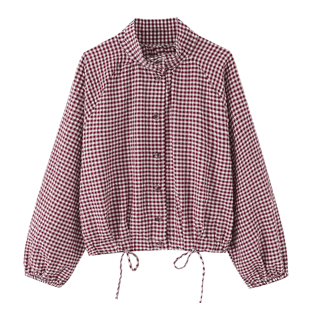 Gingham Drawstring Hem Button-Up Jacket