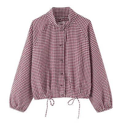 Gingham Drawstring Hem Button-Up Jacket