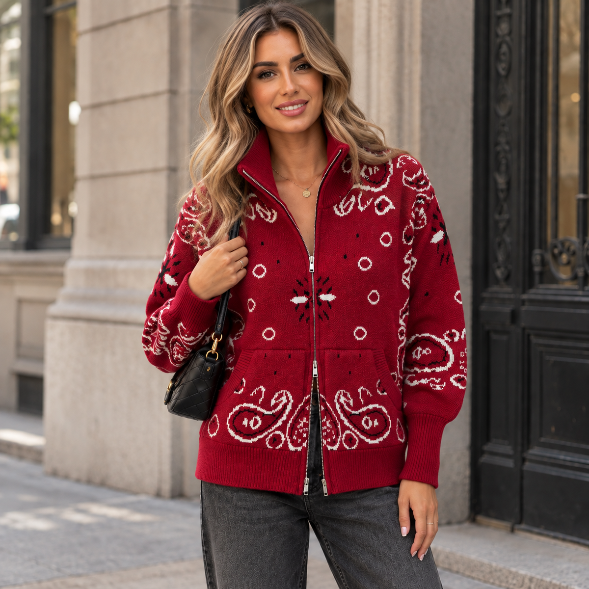 Bandana Paisley Knit Jacket – Vintage Zip-Up Cardigan